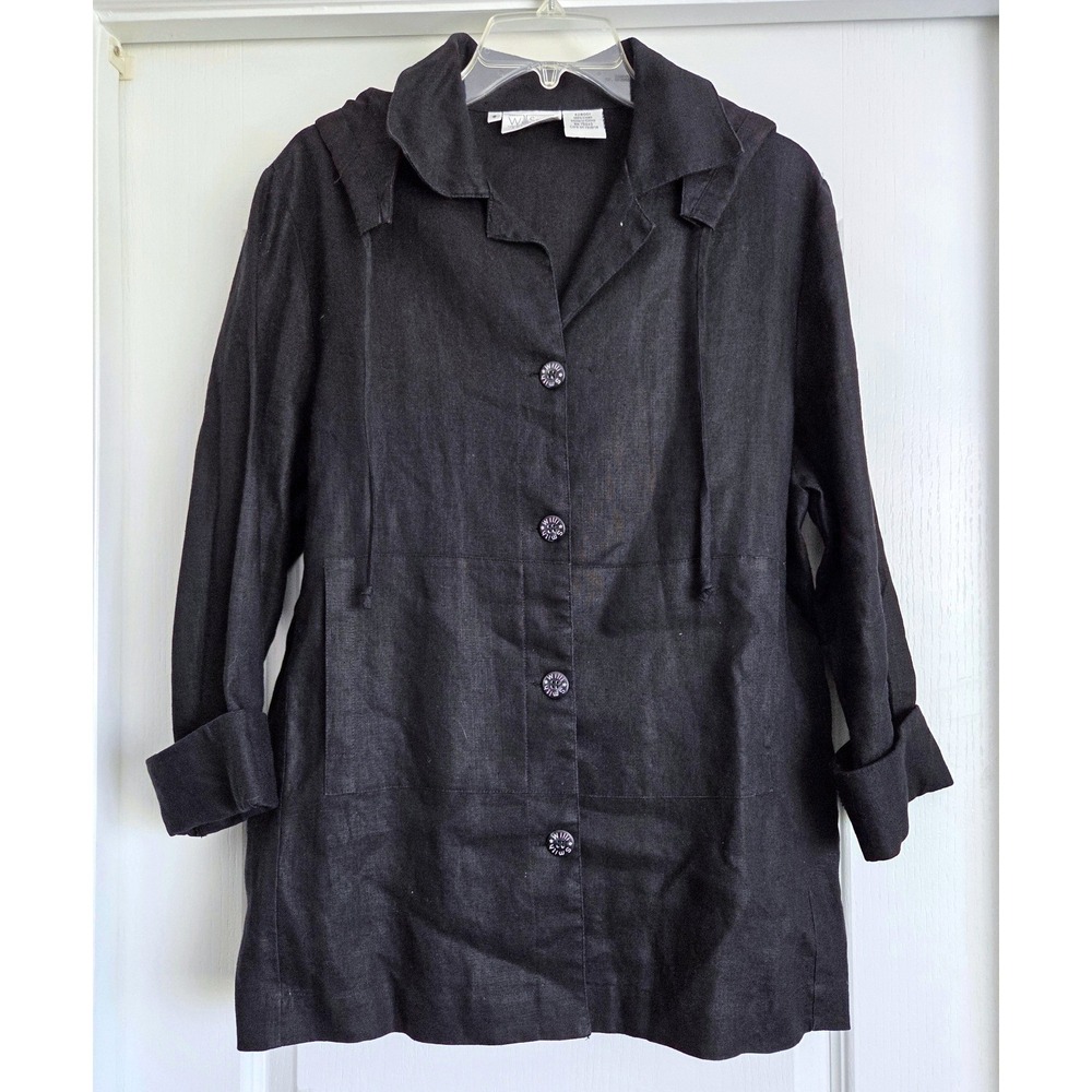 VTG‎ WilliSmith Black 100% Linen Removeable Hood Button Front Jacket Womens Sz 8